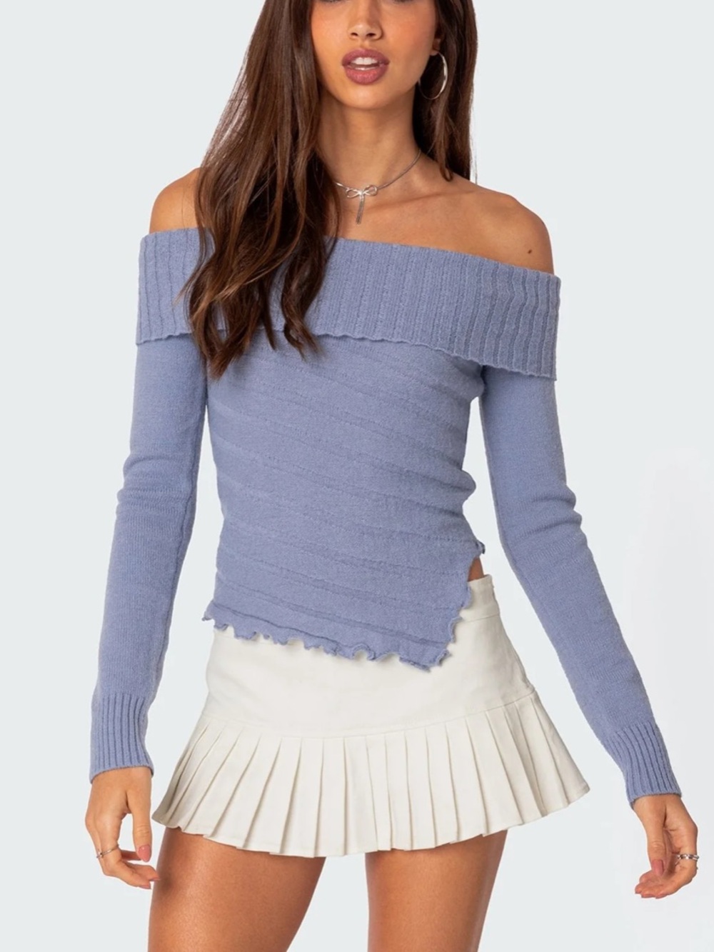 Edikted Asymmetric Off Shoulder Sweater Blue Sweater